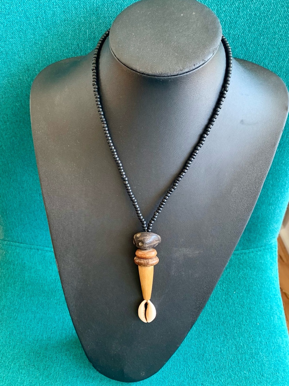 Boho Black Beaded Necklace with Wood & Shell Pendant